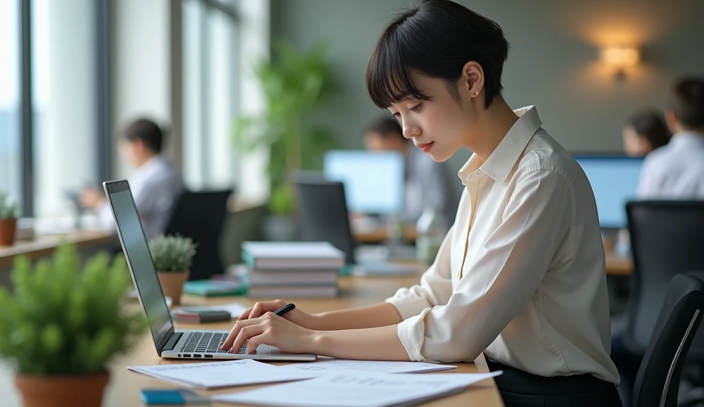 beautiful white woman, short hair, in office work clothes, Age 22, perfectbody, natural breasts, she is working organizing something in her office, ultrarrealisitic, extremely detaild, photoshot_\( ultra\), photoshotrealisitic, realisitic, Post-processing, Maximum details, roughness, real-life, ultrarealisitic, photoshotrealism, photoshotgraphy, 8k hd, photoshotgraphy