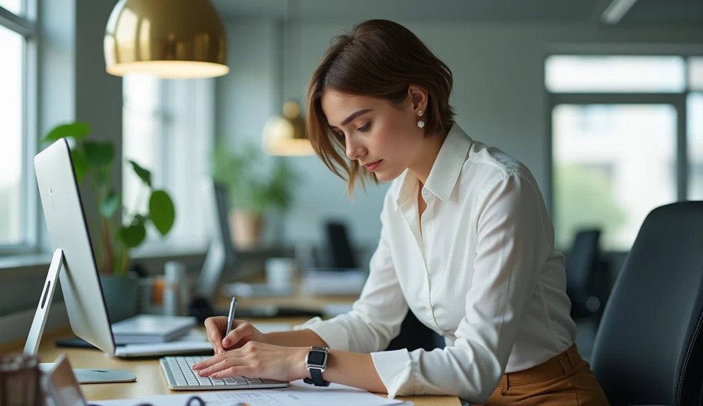 beautiful white woman, short hair, in office work clothes, Age 22, perfectbody, natural breasts, she is working organizing something in her office, ultrarrealisitic, extremely detaild, photoshot_\( ultra\), photoshotrealisitic, realisitic, Post-processing, Maximum details, roughness, real-life, ultrarealisitic, photoshotrealism, photoshotgraphy, 8k hd, photoshotgraphy