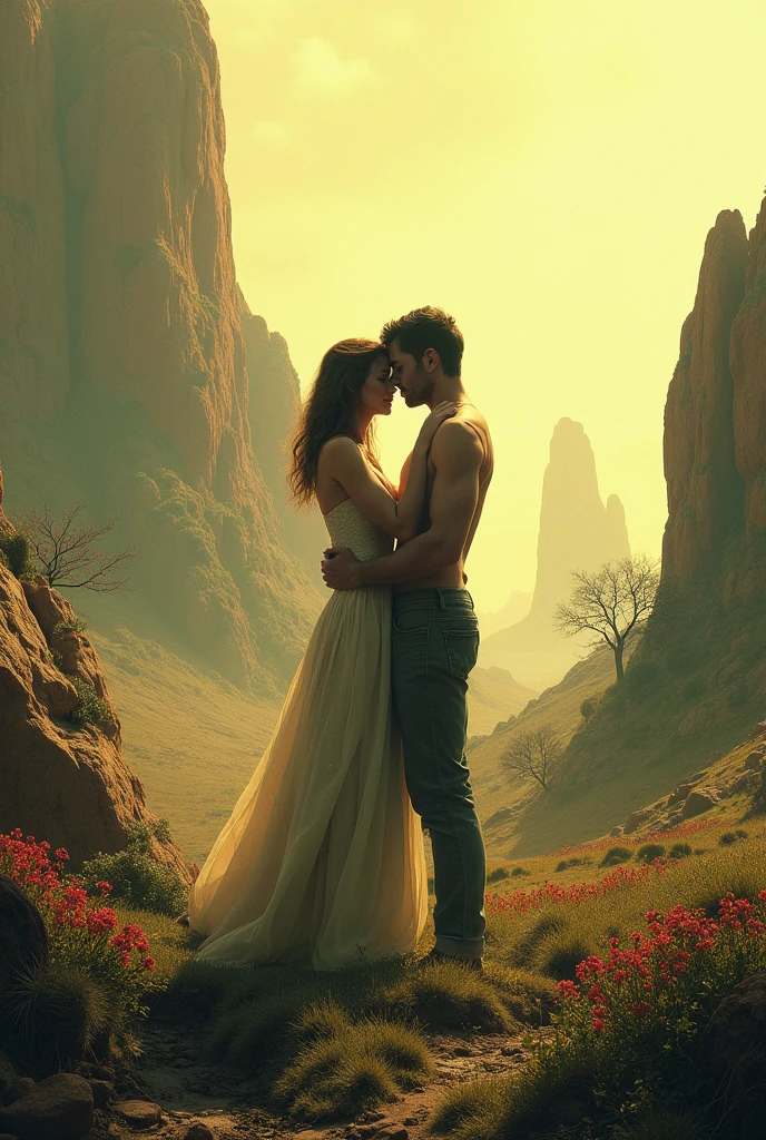 Um and touching, in a lush landscape on Mars