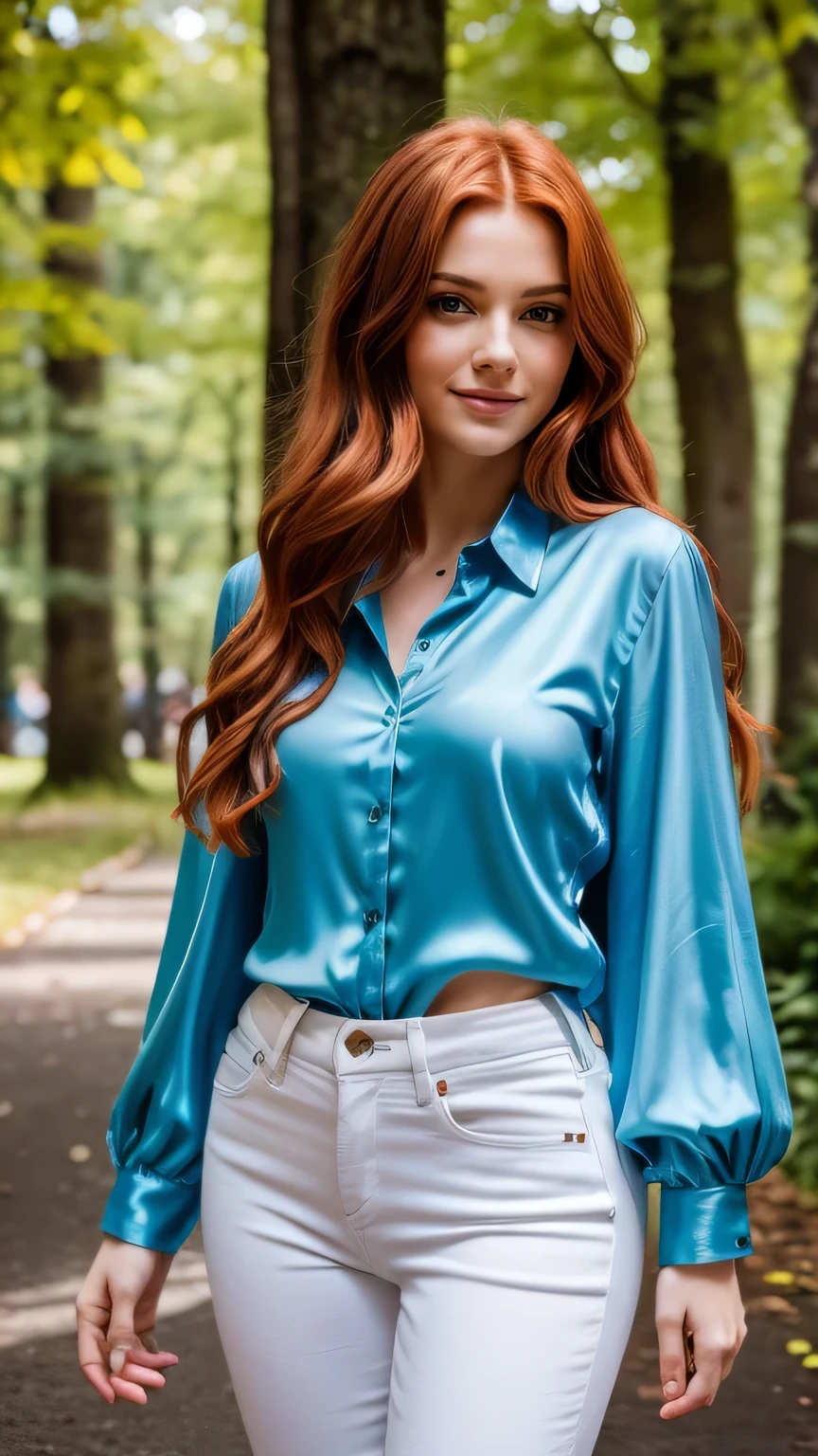 Realistic full body photo of a smiling, Young red-haired girl with long hair, She dances in front of the camera in a long blue silk shirt and tight white jeans..., Park,glamour fotoshooting, Park, perfect anatomy, perfect green eyes. Perfect hands with 5 fingers on each hand, Matching girl, looking at the camera, 1 Frau. (Eye make up:1.1), (highly detailed skin:1.1), spirit, analog style, keen focus, 8K  UHD, dslr, good quality, Fujifilm XT3, Grain, Award-winning, ​masterpiece. Park