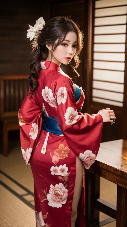 ((Highest quality、Tabletop、8k、Best image quality、Extremely intricate and detailed))、1 prostitute、Floral costume、Oiran kimono、An exact replica of a prostitute's kimono、Gorgeous courtesan kimono、(Blonde、Beautiful blonde、Blondeウェーブヘア、elegant wavy hair、Color Contact Lenses)、The background is the entertainment district、Guo You、Custom Street、Smiling for the camera、Photo from the waist up、Elegant standing posture、Elegant and noble、Recreating the perfect red light district details、1 photo、Perfect Anatomy、Perfect Fingers、Night Sex District、night excursion、Midnight、Cloudy、Lantern Light、Red lipstick、Long eyelashes、Perfect Makeup、Dark Night、Naked and wearing only a kimono、Detailed face