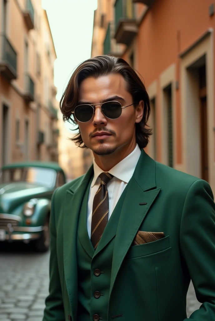 Photo in old money style.. Super detail. Boy with Leonardo di Caprio style hair, Sunglasses, Vintage green suit and tie Street in the background in Rome, 1 rare car is standing nearby. Photo taken with Sony a7iii 50mm 1.2