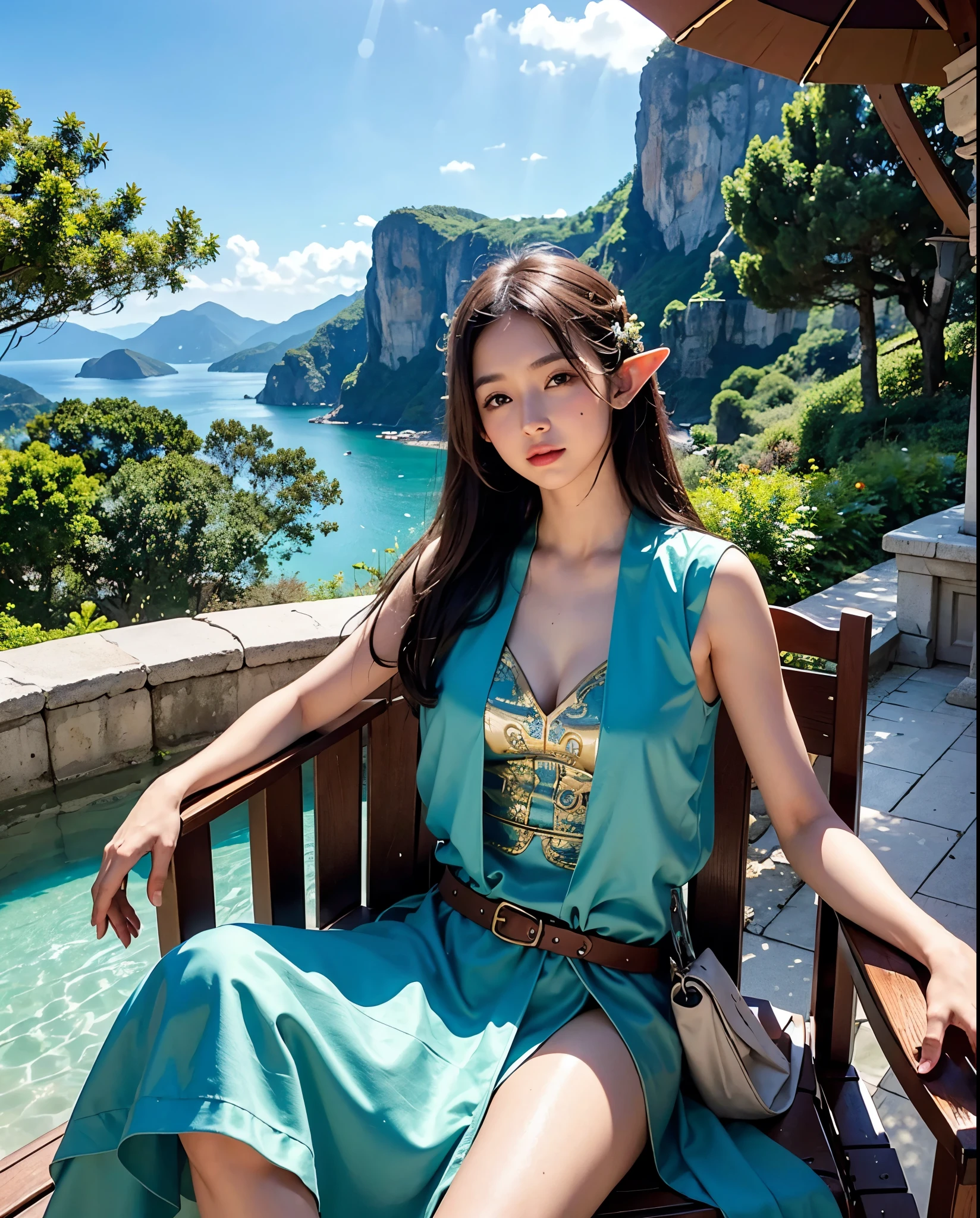 Please generate a picture of a man sitting on a deck chair on the balcony of a castle for my online novel，The little elf behind him is extremely beautiful and cute，There are also various monsters in the sea.，This is its introduction：Asteroid impact，Earth Destruction，Shi Yan accidentally traveled to the end of the world，You start with an island and a  beauty？！Summoning Arms，Development territory，Conquer the world，There are all kinds of beauties around！Let's see how the scumbags fight back，Building an Empire in the End Times，Sitting on the land and the beauty！