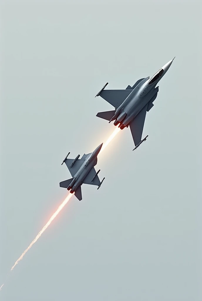 Fait une image avec la taille d'un logo. Il faut voir à droite un avion de chasse français type Rafale qui va vers la gauche qui tire une missile sur un avion américain de chasse type F-16, le F-16 est sur la gauche de l'image et ce déplace Vers la gauche. Il faut voir le missile qui sort de l'avion rafale. Il faut faire que nous voyons que l'image a été faite par AI
