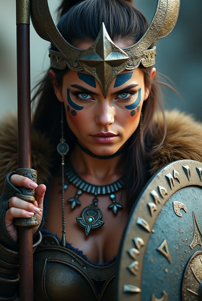 Close up face beautiful viking woman, spear and shield in hand , blue eyes with strong light, large crown on head , tribal face makeup, Angry, necklace around the neck with ornaments, battle outfit, knife close to the face