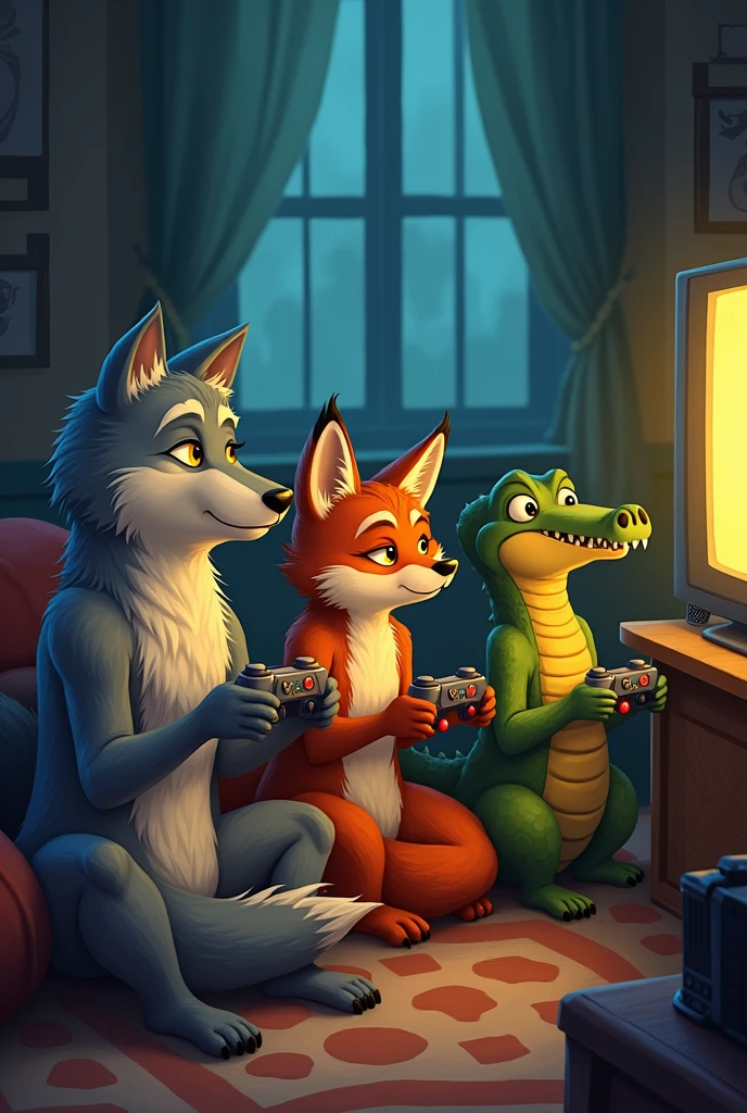 Un loup un renard et un crocodile sont entrain déjouer à la console