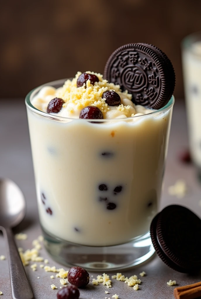 rice pudding in a large glass with raisins, an oreo cookie, cream grated cheese