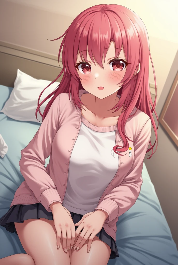 Top Quality, High Resolution, KR1, Brown Eyes, Pink Hair,White Pajamas On the bed Twin Tails College Girl