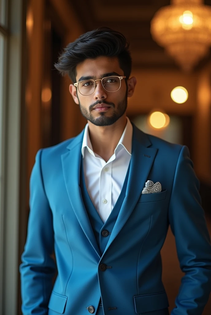 21 yr old Indian boy with narrow body wearing clubmaster metal frame spect nd fair skin wearing formal sky-blue suit for party right comb hair gentle 


 
