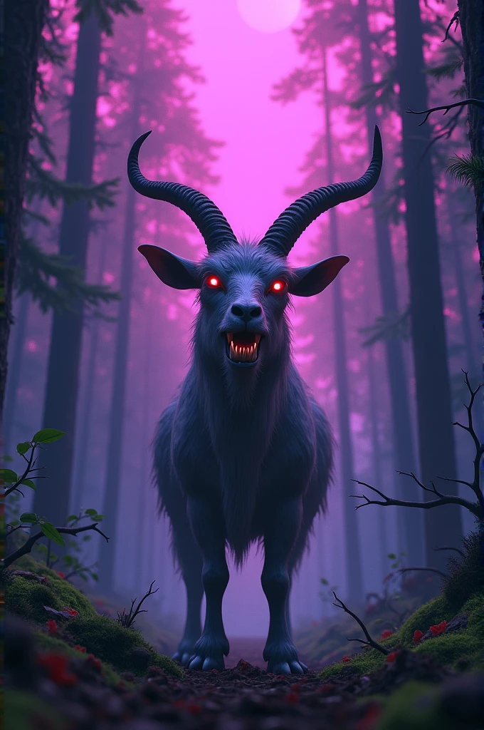 Creates a goat in the middle of a Canadian forest with purple skies and a demonic goat face