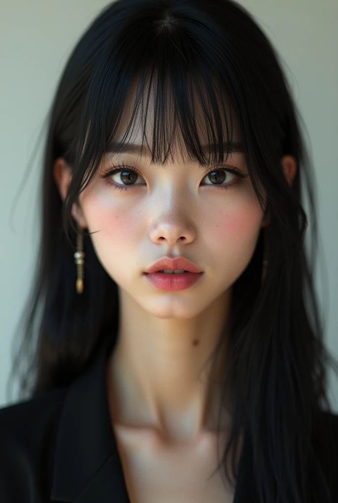 Make me an AI of a brown and Asian woman, with long straight black hair and a fringe in the middle of the forehead, with big eyes and huge eyelashes, extremely thin body worrying, funds on the cheek, super thin eyebrows and thin nose like Lana del Rey, and a mole under the left eye.With thin and straight eyebrows, the fringe is straight and right in the middle of the forehead 