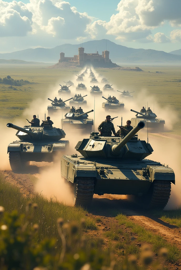 epic battle scene, a brigade of tanks advance toward enemy position in the open field