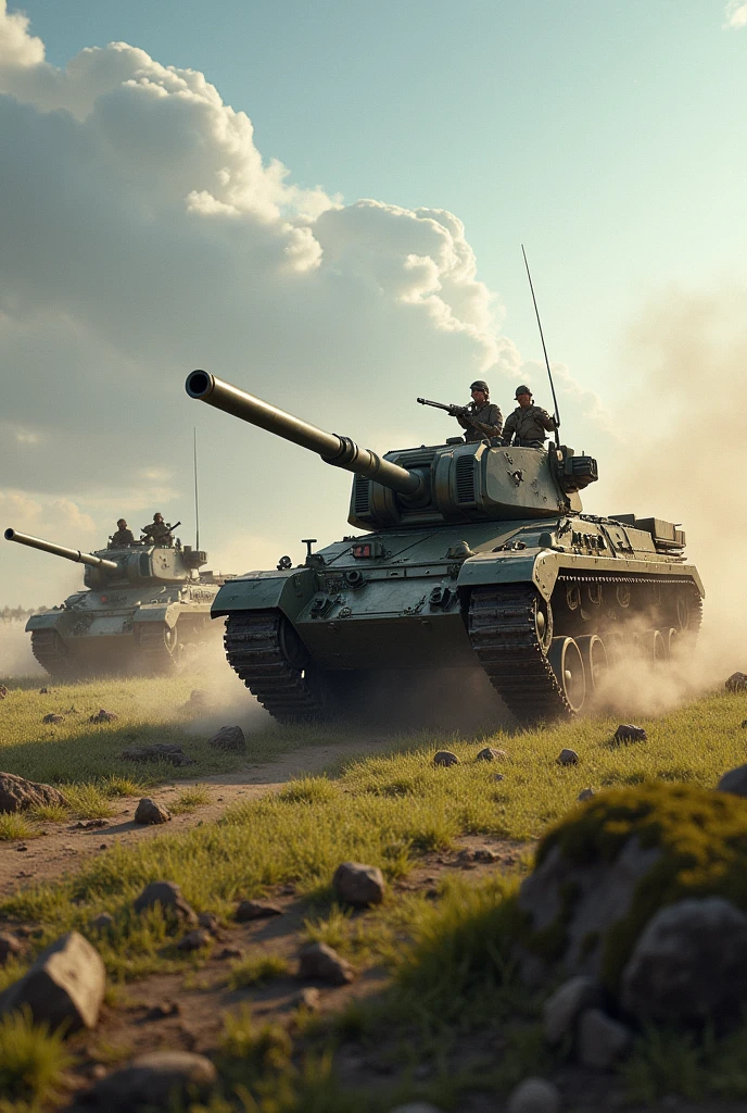 epic battle scene, a brigade of tanks advance toward enemy position in the open field