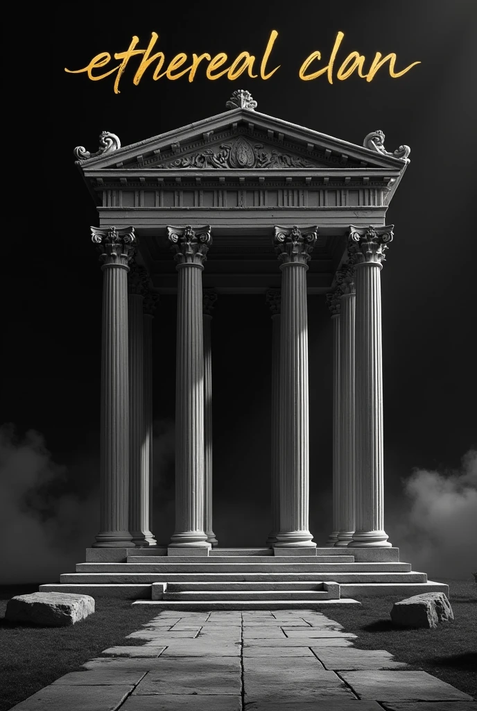 A background image with black and white details, reminiscent of a Greek temple, Written, In gold, O texto "Ethereal clan"