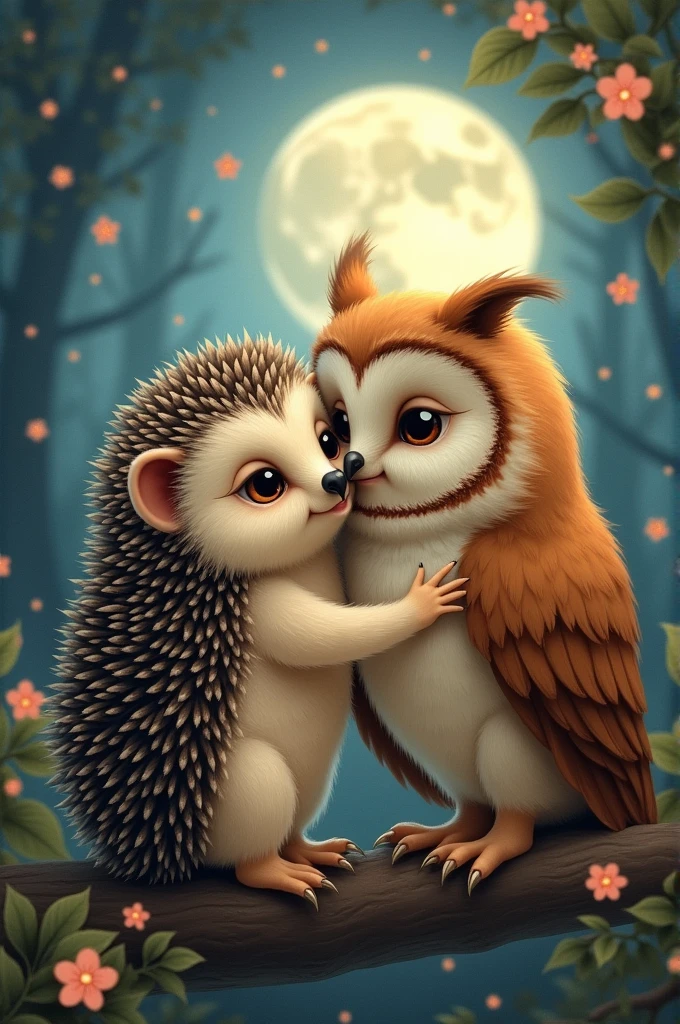 Hedgehog and owl together in love