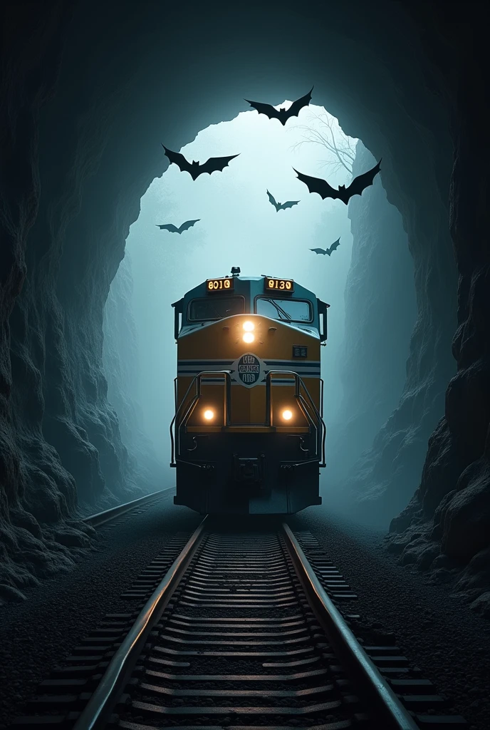 Wallpaper with a Union Pacific train, inside a dark tunnel, with bats flying around.