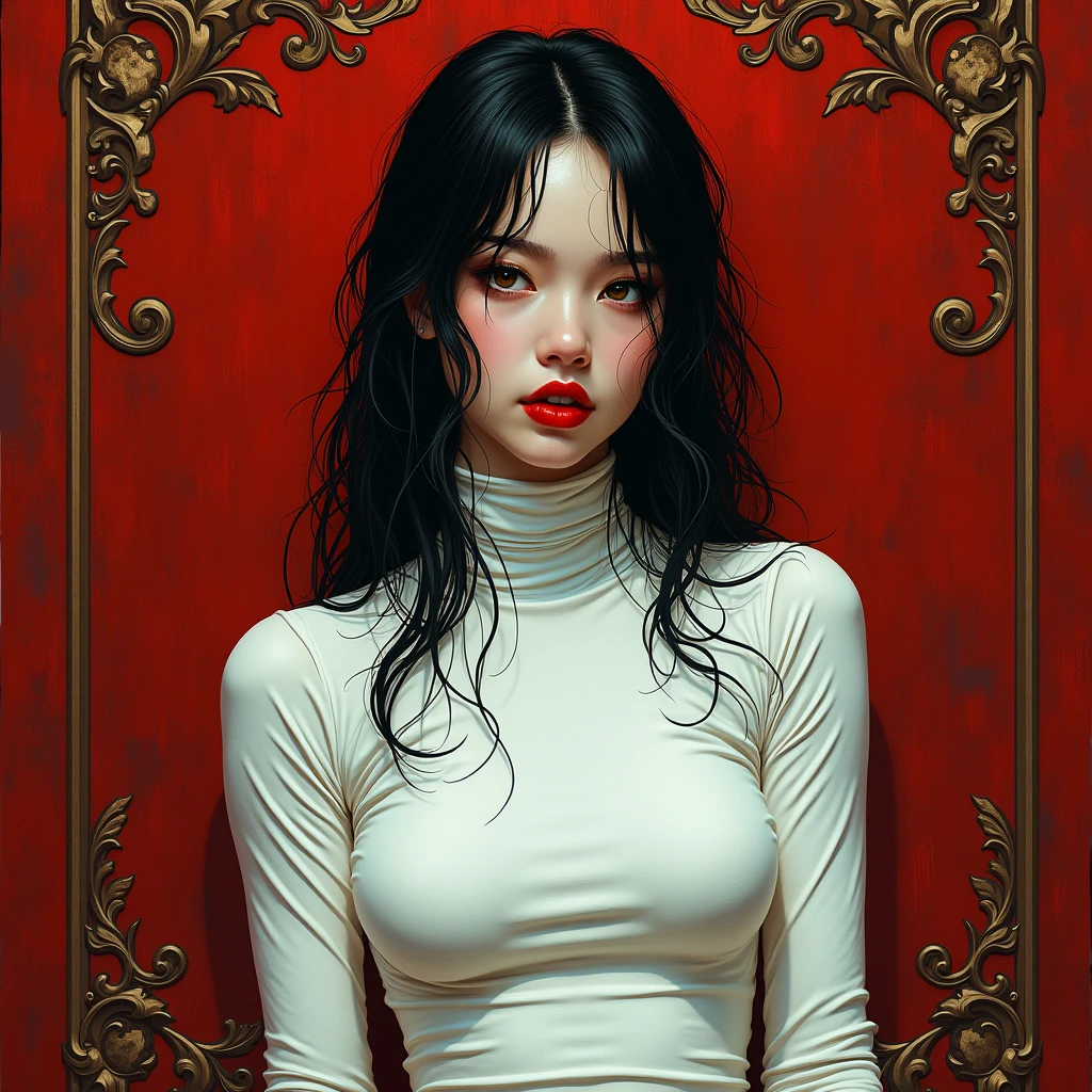 full body portrait of a pale girl with wet black hair and red lips wearing a tight white turtleneck in a shiny fabric, ornate red background, detailed illustration, style of luis royo