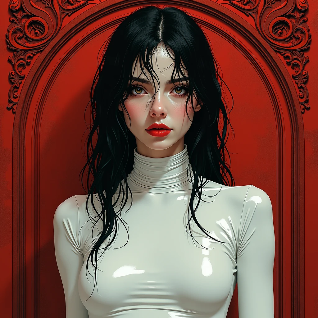 full body portrait of a pale girl with wet black hair and red lips wearing a tight white turtleneck in a shiny fabric, ornate red background, detailed illustration, style of luis royo