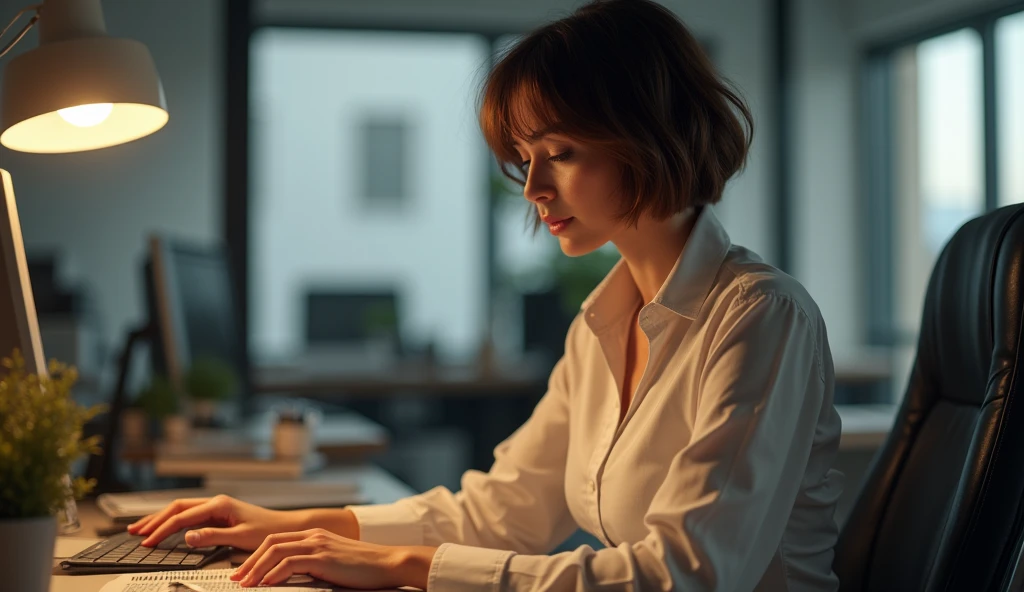 White Italian woman, short hair, in office work clothes, Age 22, perfectbody, natural breasts, she is working organizing something in her office in a sensual way, ultrarrealisitic, extremely detaild, photoshot_\( ultra\), photoshotrealisitic, realisitic, Post-processing, Maximum details, roughness, real-life, ultrarealisitic, photoshotrealism, photoshotgraphy, 8k hd, photoshotgraphy