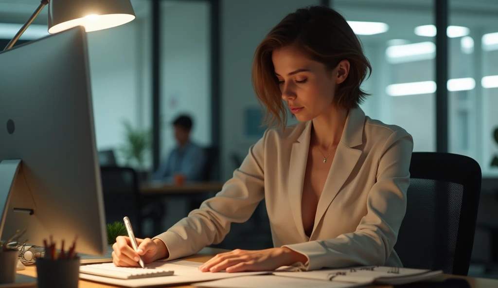White Italian woman, short hair, in office work clothes, Age 22, perfectbody, natural breasts, she is working organizing something in her office in a sensual way, ultrarrealisitic, extremely detaild, photoshot_\( ultra\), photoshotrealisitic, realisitic, Post-processing, Maximum details, roughness, real-life, ultrarealisitic, photoshotrealism, photoshotgraphy, 8k hd, photoshotgraphy