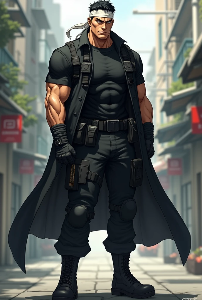 art style(2D Anime):white skin man, com aproximadamente 1,85 meters tall and a muscular and robust physique, typical of an ex-military man. your hair is black, short and lightly combed back, often with a disheveled appearance. He has dark brown eyes that carry a cold, determined expression., and his face usually displays a serious look, with features hardened by his life of combat.
he wears a black t-shirt and black coat and a white headband tied around his head . He wears black combat pants, reinforced with utility belts where ammunition and weapons are carried. On the feet, he wears black military boots, polished, that complement your urban warfare soldier look.
is also known for wearing a black tactical vest over his t-shirt, which further enhances its military look. Furthermore, he is usually armed with pistols, knives and an assault rifle, that are attached to holsters and sheaths on the belt and legs. His look is finished with combat gloves and, Sometimes, a black leather coat or jacket.