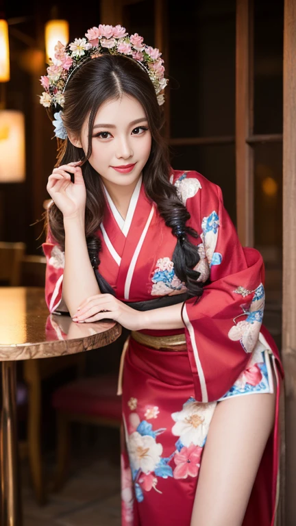 ((Highest quality、Tabletop、8k、Best image quality、Extremely intricate and detailed))、1 prostitute、Floral costume、Oiran kimono、An exact replica of a prostitute&#39;s kimono、Gorgeous courtesan kimono、(Blonde、Beautiful blonde、Blondeウェーブヘア、elegant wavy hair、Color Contact Lenses)、The background is the entertainment district、Guo You、Custom Street、Smiling for the camera、Photo from the waist up、Elegant standing posture、Elegant and noble、Recreating the perfect red light district details、1 photo、Perfect Anatomy、Perfect Fingers、Night Sex District、night excursion、Midnight、Cloudy、Lantern Light、Red lipstick、Long eyelashes、Perfect Makeup、Dark Night、Naked and wearing only a kimono、Detailed face