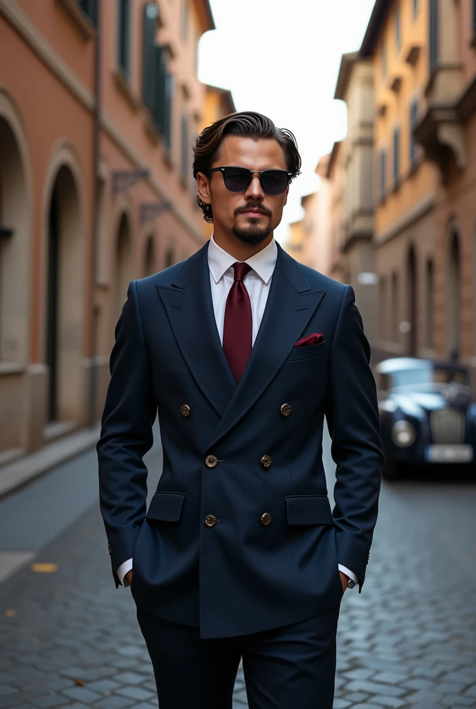 Photo in old money style..  Super detail. Boy with Leonardo di Caprio style hair, Sunglasses, Vintage navy blue double-breasted suit and vintage burgundy tie. Background street in Rome,  1 rare car is standing nearby. Photo taken with Sony a7iii 50mm 1.2