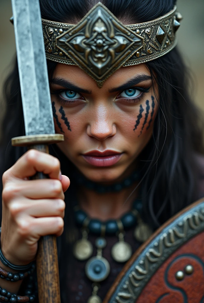 Close up face beautiful viking woman,  spear and shield in hand , blue eyes with strong light, large crown on head , tribal eye makeup, Angry, necklace around the neck with ornaments,  battle outfit, knife close to the face
