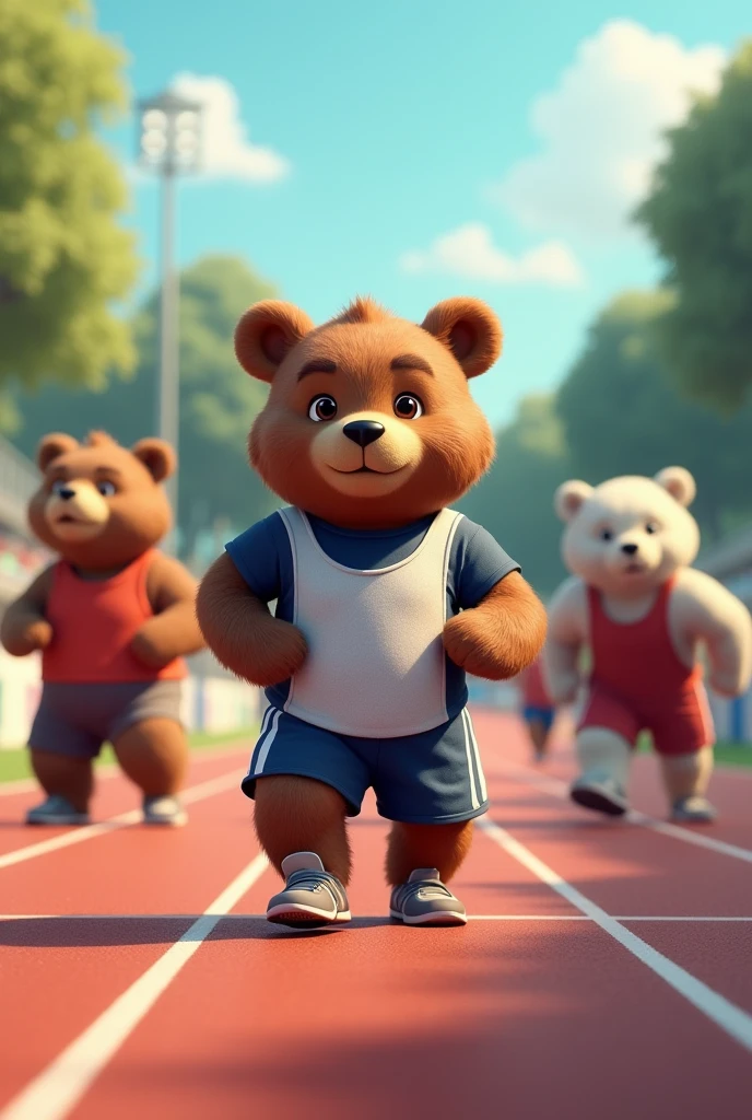 I would like an image where there are bears practicing athletics on a track