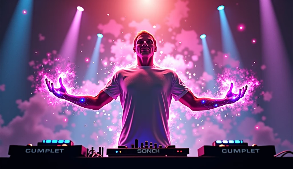 a man with open arms with neon energies around him, around and in the background mixing tables and sound equipment
