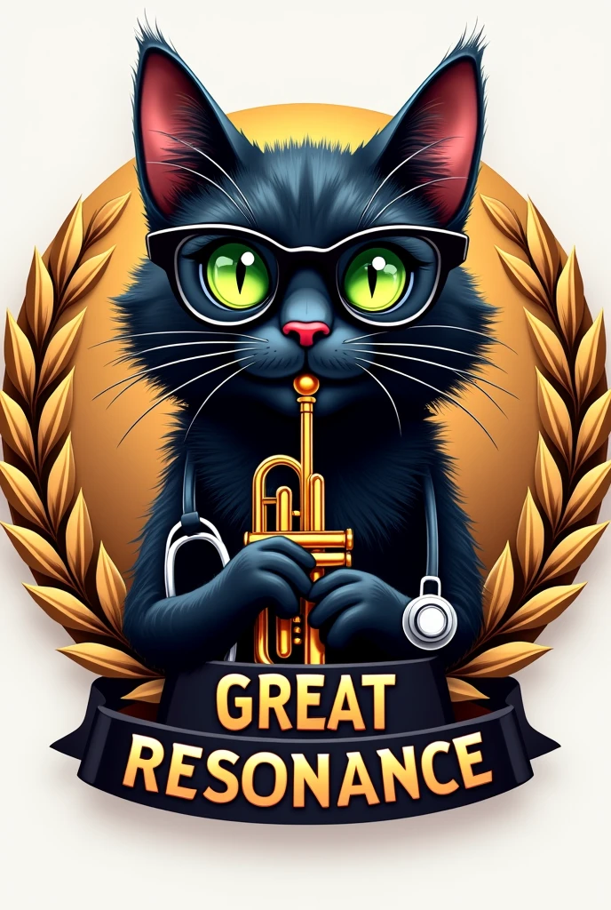 I want a logo with a smug and tender black cat with green eyes with shiny black glasses that plays a trumpet and also has a stethoscope and on the sides there are very realistic, very shiny golden laurels and a white coat and at the bottom it says in big letters GREAT RESONANCE