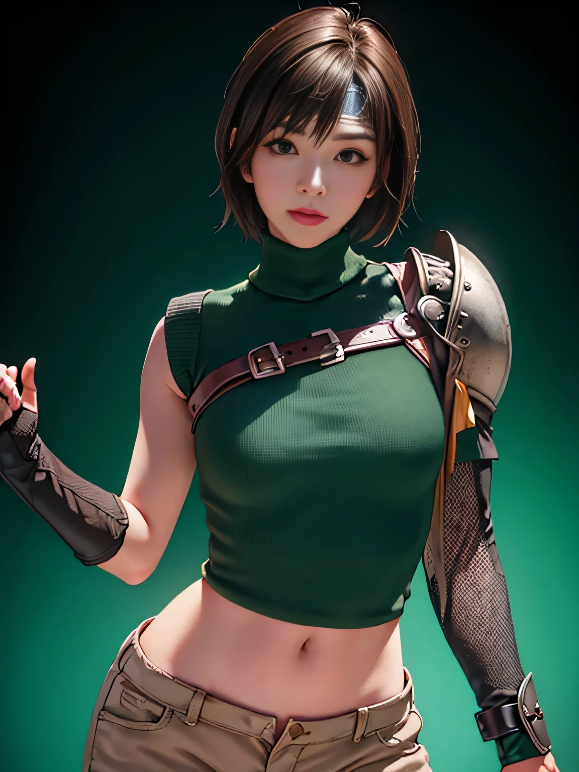 masterpiece, 最high quality:1.4), (One girl), alone, (European youth:1), One girl, short hair, Headband Belly Button, No sleeve, turtleneck, Brown eyes, No sleeveturtleneck, alone, chest, Displaying the viewer, Sexy smile, Mitt, Crop top, Brown Hair, Shorts, abdomen, armor, sweater, Open Fly, Fingerless gloves, リブ編みsweater, 中chests, Hmm_Kisaragi_01, Surreal, Highly detailed skin, Digital SLR, Soft lighting, high quality, Highly detailed face, Highly detailed skin, Skin pores, Scattered beneath the surface, Realistic pupils, 中chest, Fuller lips, Detailed Background, Depth of written boundary, Sharp focus, Absurd, Realistic proportions, Excellent anatomy, (Realistic, 超Realisticな:1.4), 16k HD,