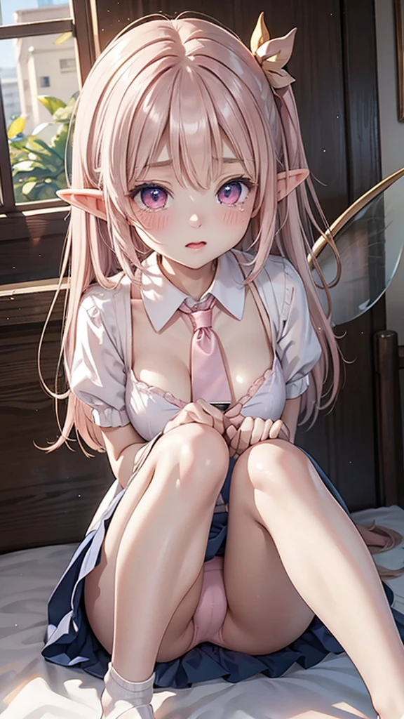 Highest quality、Ultra-high resolution、Fae, a fairy in human form、((Delicate, transparent wings on its back))、Long straight hair with a center part、Pink Hair、Big pink eyes、Round Glasses、White flower hair ornament、Pale pink dress、Puff sleeve design and knee-length skirt、Over the knee socks、Sit on the bed、Slim figure、Plump breasts、Elf Ears、Embarrassed look、Photorealism、Low angle shot：1.5、(M-shaped foot：1.4)、((Showing her panties：1.5))、A sexy look for the camera、((pink silk panties))、((Panties close up：1.4))、detailed、(PurerosFace_v1:0.008)、eyeliner、cheek、Embarrassing、shine、Glossy Lips：1.4、impatience、fear、shine、Panty appeal、Panty close-up：1.3、blush、Are crying、Crying face、Open your knees、Spread your legs、Disheveled clothes、Change of clothes、Bedroom、解剖学的にAccurate human body、Perfect Arms、Perfect hands、Perfect Fingers、Perfect Legs、Accurate human body、High quality digital art