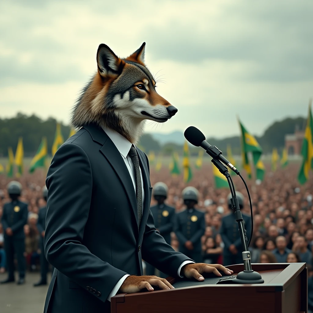 A wolf on a platform, in a suit, speaking into the microphone to thousands hundreds of people, on a cloudy day. People hold aged Brazilian flags. Behind this man, There are armed security guards. 3000 pixels
