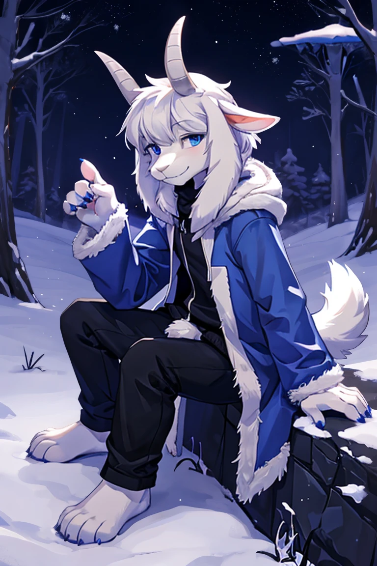 a man, alone Asriel, Undertale (Asriel Dreemurr), smile, eskimo coat(blue coat), tall, furry, anthropomorphic, blue eyes(black blouse, black pants), goat paw, paw with metacarpal(short tail, tail anthropomorphic, short tail, furry tail, anthro goat tail, furry), hair (bangs on the right side), barefoot.