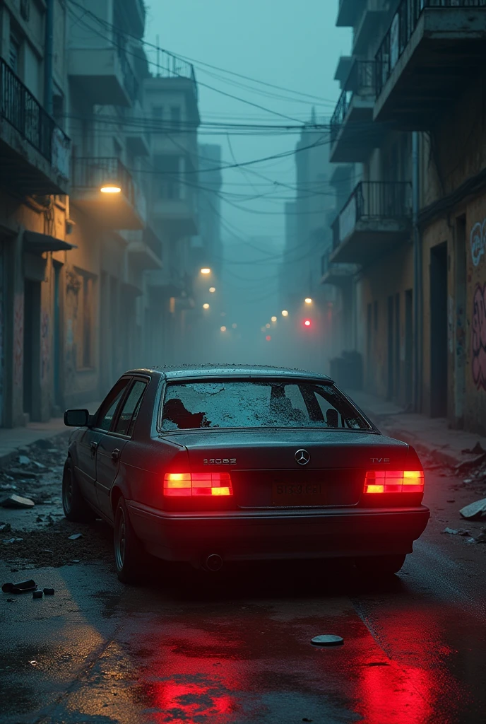 photorealistic scenery of a dystopian street at night with a damages car where the back lights blink