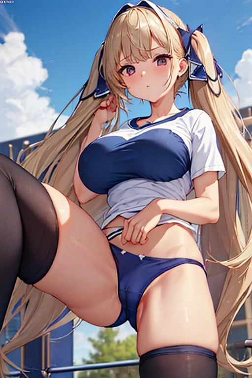 (((Spread your legs、Dark blue sports panties、White short-sleeved T-shirt))、(((Accentuate the crotch)))、Highest quality, 8k, masterpiece :1.3)), whole body, Sharp focus :One Girl,Glowing Skin,SSexy pose,Highest quality,Tabletop,shape,Very delicate and beautiful,Hmph,8k壁紙,wonderful,In detail,Official Art,Very detailedなティッカーUnity 8k壁紙,Incredibly ridiculous,Large file size,Very detailedな,High resolution,Very detailed,Beautiful detailed girl,Realistic,X-ray,The queue is full,(((Dark blue sports panties、White short-sleeved T-shirt)))、(((Big Breasts、blonde)))、(((School、physical education、playground、Ground、outside)))、Stand upright、Cleavage , ((Long golden hair))、Short-sleeved T-shirt、Dark blue sports panties、Sexy pose、Hairstyle: Twin tails、both hands、Wearing socks