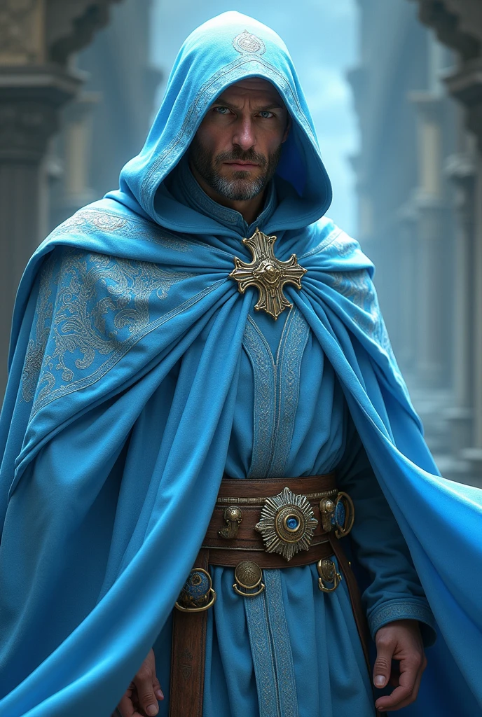 MAN WEARING A SKY BLUE WHITE WIZARD'S CAPE FROM HEAD TO TOE ,Showing your masculine face