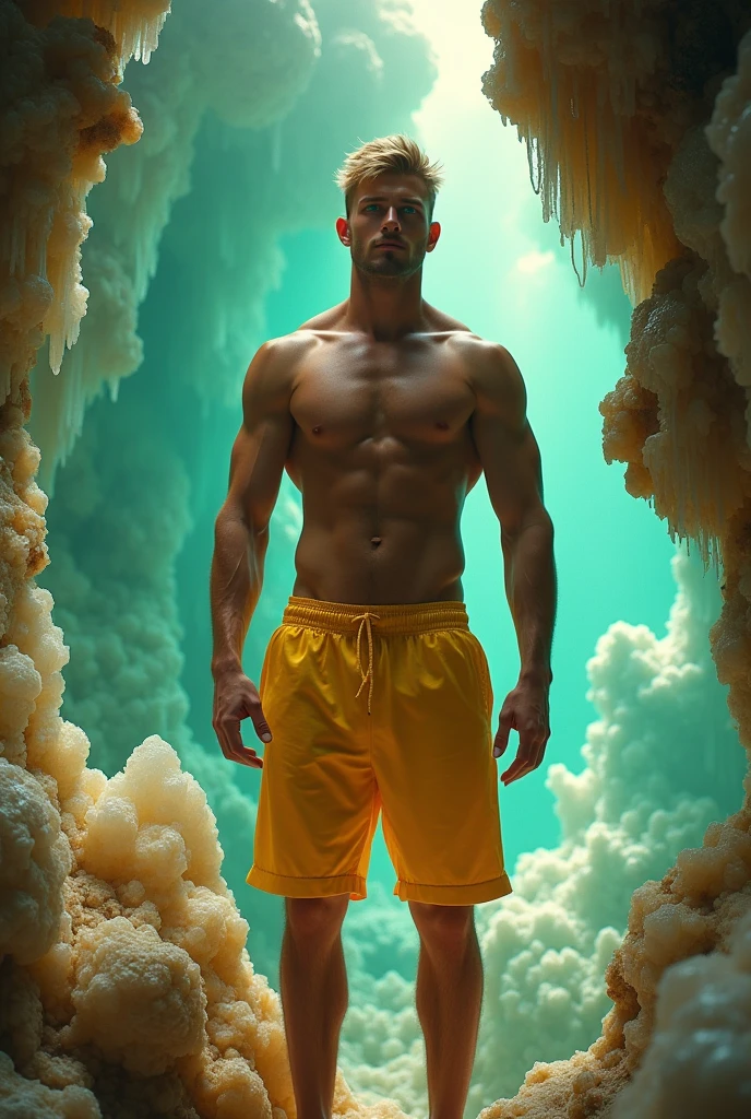 The scene captures a moment of awe and wonder, featuring a blonde male model with striking blue eyes that enhance his undeniable charm. His athletic and toned physique is prominently displayed as he is shirtless, showcasing his sun-kissed skin while wearing bright golden yellow Bermuda shorts with a subtle shimmer, adding a vibrant contrast to the otherworldly surroundings. Situation: In this mesmerizing and illuminated scene, the model stands confidently inside a breathtaking crystal cave with a captivating greenish glow. The cavern's interior is adorned with stunning, luminous crystals that reflect and refract light, creating a kaleidoscope of colors, with an intriguing greenish hue adding depth and mystique to the space. The model’s defined muscles and bold Bermuda shorts stand out against the sparkling backdrop of shimmering crystal formations and the verdant glow. His stance is relaxed yet curious, with one hand resting lightly on a crystal formation and the other casually by his side. His gaze is directed towards the dazzling array of crystals and the verdant illumination, his expression a blend of awe and tranquility as he takes in the surreal beauty of the cave. The gentle, diffused light from the crystals and the greenish glow creates a warm, captivating atmosphere, highlighting the model’s features and the intricate details of the cave. The natural yet extraordinary setting, combined with the model’s striking appearance, creates a harmonious and enchanting atmosphere, capturing the essence of a mystical and adventurous escape. Keywords: summer, crystal cave, greenish glow, shirtless, Bermuda shorts, model, nature, luminous, ethereal, scenic, indoors, adventure, natural beauty, stylish, toned, captivating.