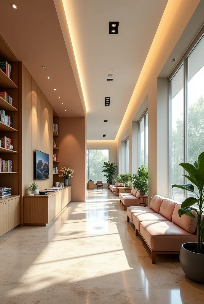 Dental office (patient waiting room) with colors that generate peace and comfort, make it look super luxurious and big with a small kids area with toys, and for adults magazines and TV
