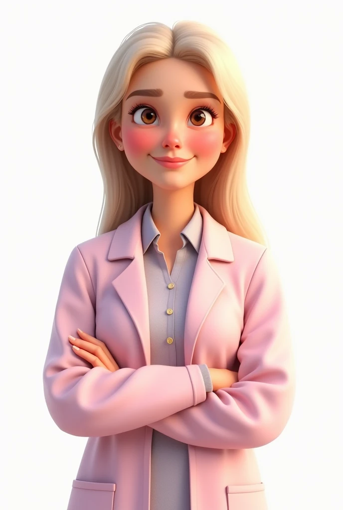 adult woman, in the 50s, Caucasian skin, long straight hair, blond, serene gaze, eyes browns, gentle smile on your face, slightly rounded face wearing a light pink lab coat, with arms crossed, with a doctor's posture, white background, disney pixar style drawing