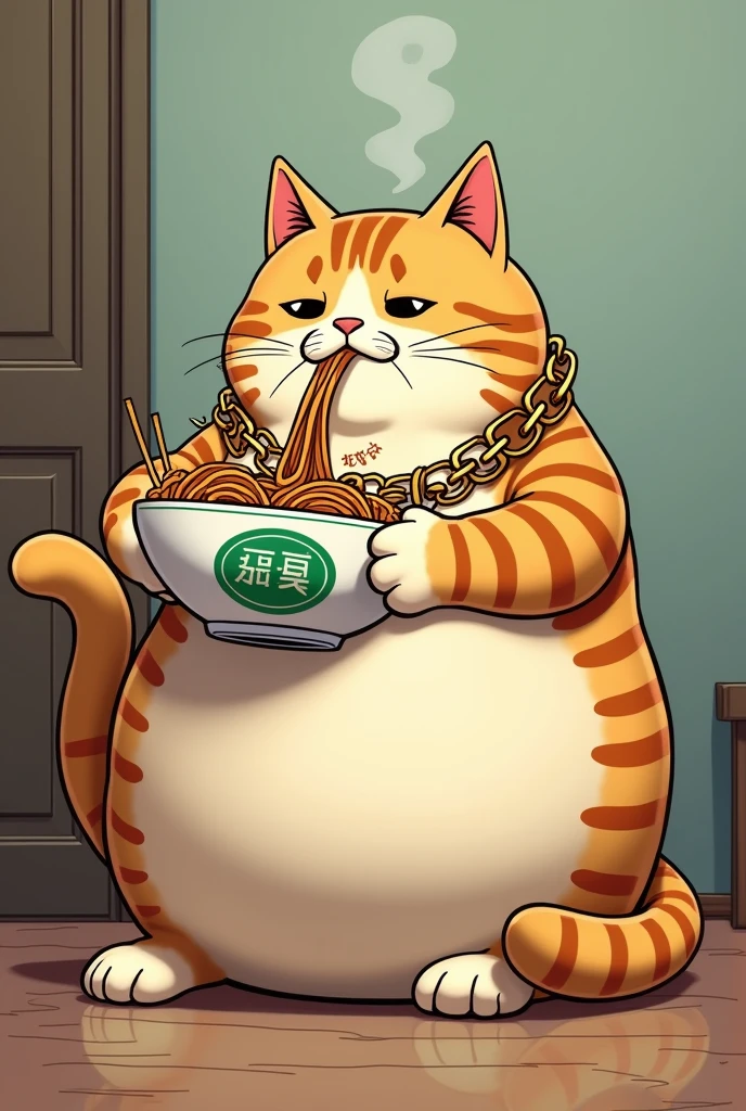 Fat cat sitting eating Chinese noodles from a bowl that she carries with her tail wearing a fat gold chain, color logo green in comic style 