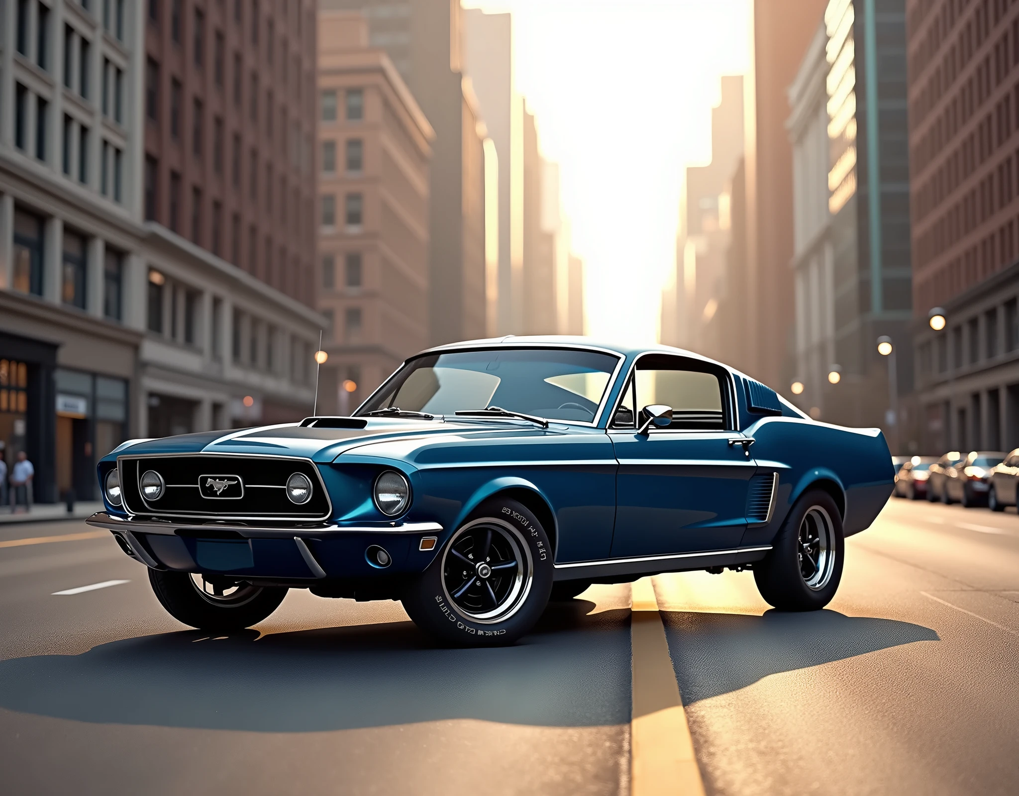 Make an image for a blue 1968 Ford Mustang GT 390 Fastback Bullitt in an empty city street in America in the daytime