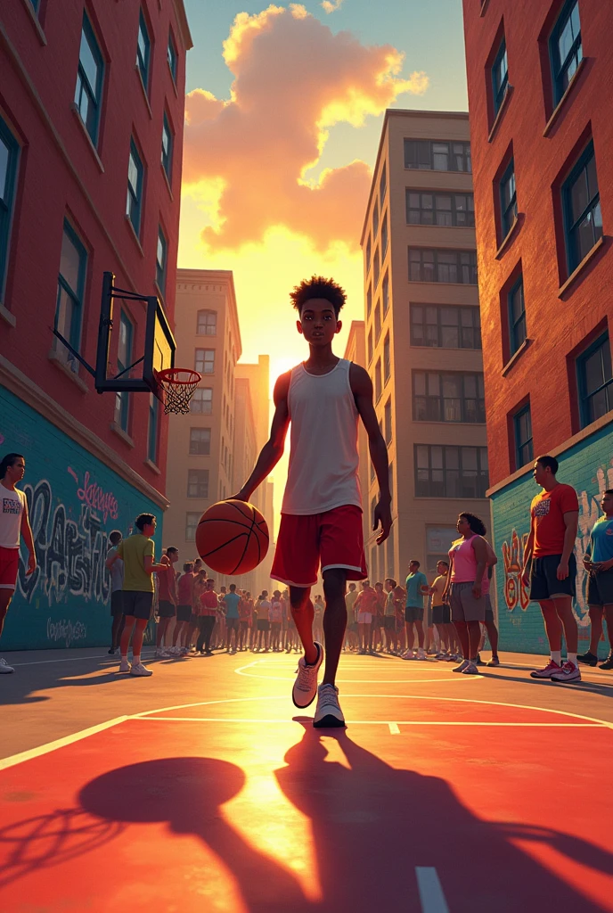 Imagine a vibrant basketball court in Harlem, surrounded by tall buildings and graffiti-covered walls. The sun sets in the background, casting a warm glow on the court. You can see Lonnie Jackson, a lean teenager with determination in his eyes, dribbling a basketball, his focus unwavering. Around him, friends and teammates cheer
(Make it simple)