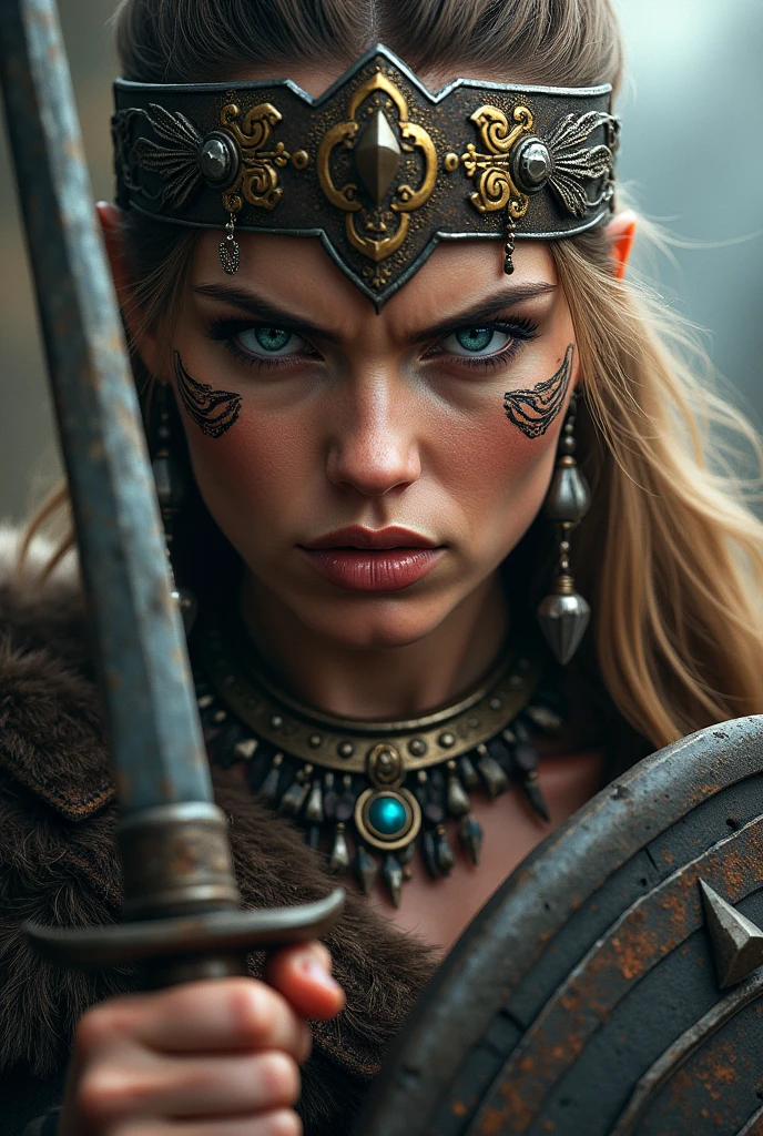 Close up face beautiful viking woman,  spear and shield in hand , blue eyes with strong light, large crown on head , tribal design on the eyes, Angry, necklace around the neck with ornaments,  battle outfit, knife close to the face
