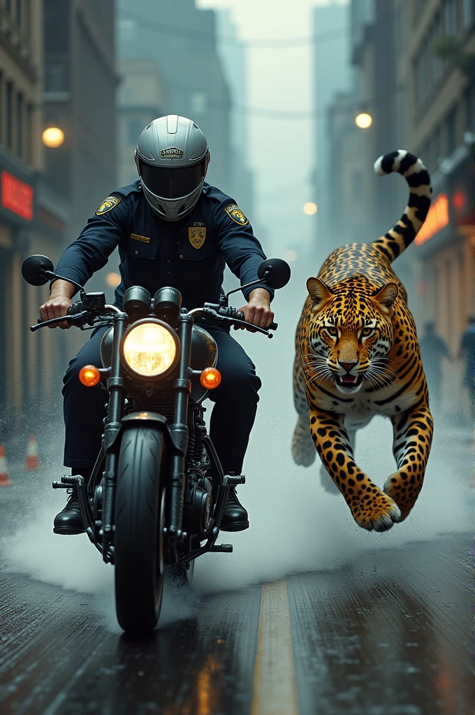 Police on motorcycle chase a leopard