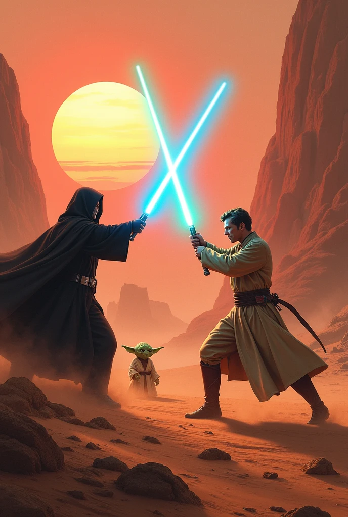 A fight, Jedi contra sith, light sabers, fighting in tatoine, High definition, yoda, detaileds, R2d2, 