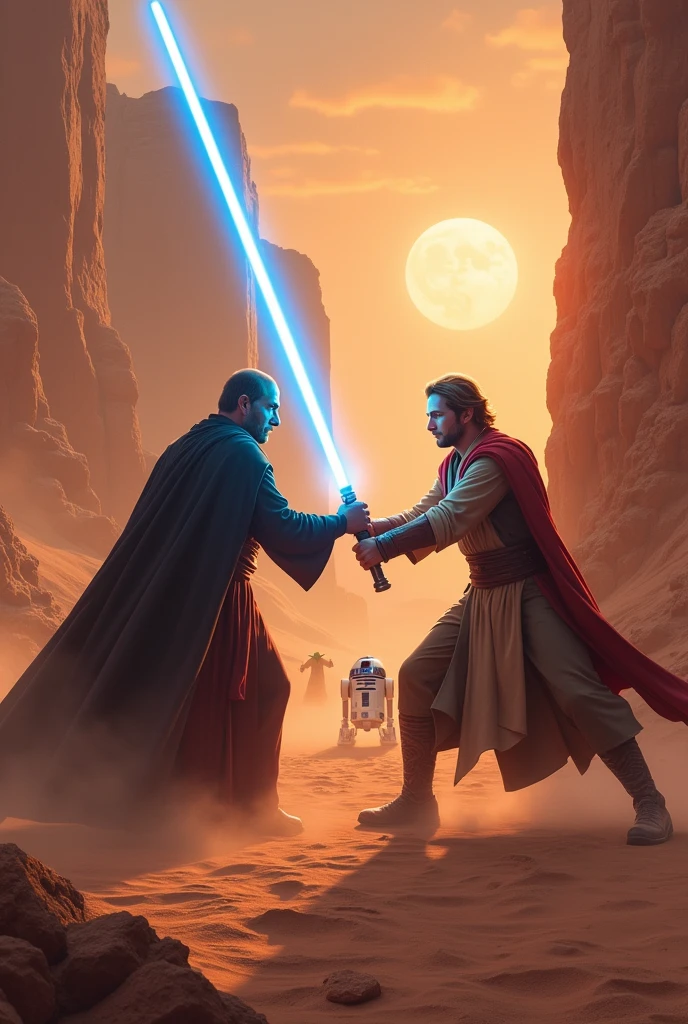 A fight, Jedi contra sith, light sabers, fighting in tatoine, High definition, yoda, detaileds, R2d2, 