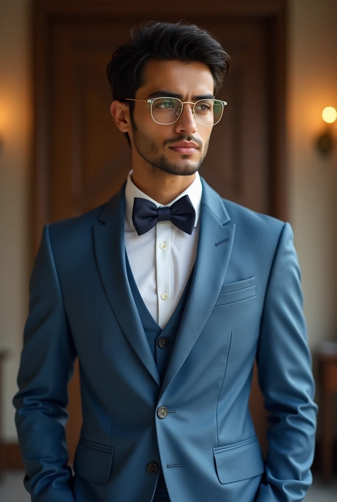 21 yr old Indian boy with narrow body wearing clubmaster metal frame spect nd fair skin wearing formal sky-blue suit for party right comb hair gentle