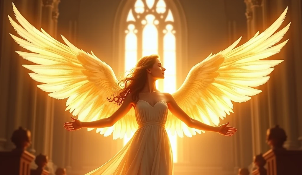 Printable Vector Professional Vector, Accurate shot, 8K resolution, Stunning illustrations,angel with bright wings,gold color,church background